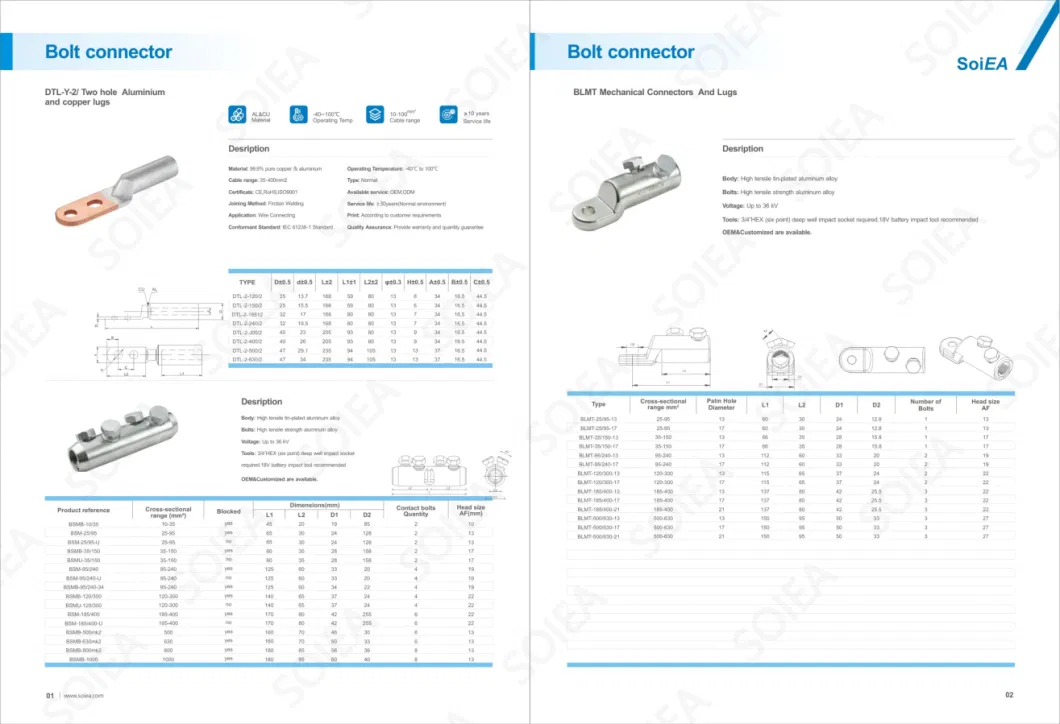 Dtls-50 Crimp Type 2 Holes Terminal Bimetallic Connecting Copper End Cable Lug