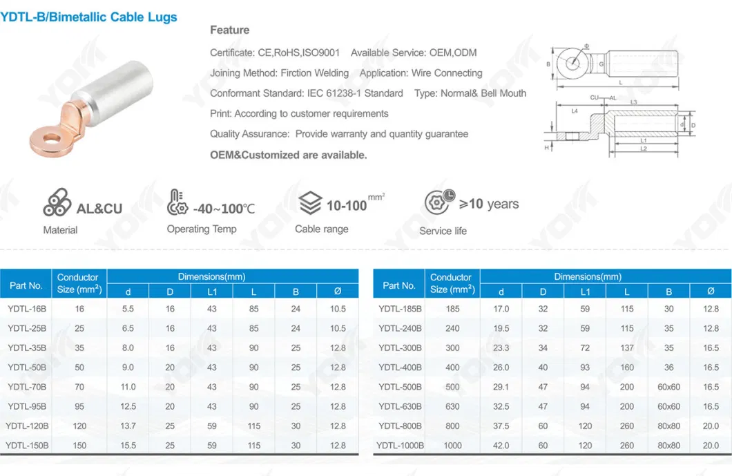 Electrical Copper Aluminum Bimetal Cable Lugs Accessories for Wire Connecting (YDTL-2)